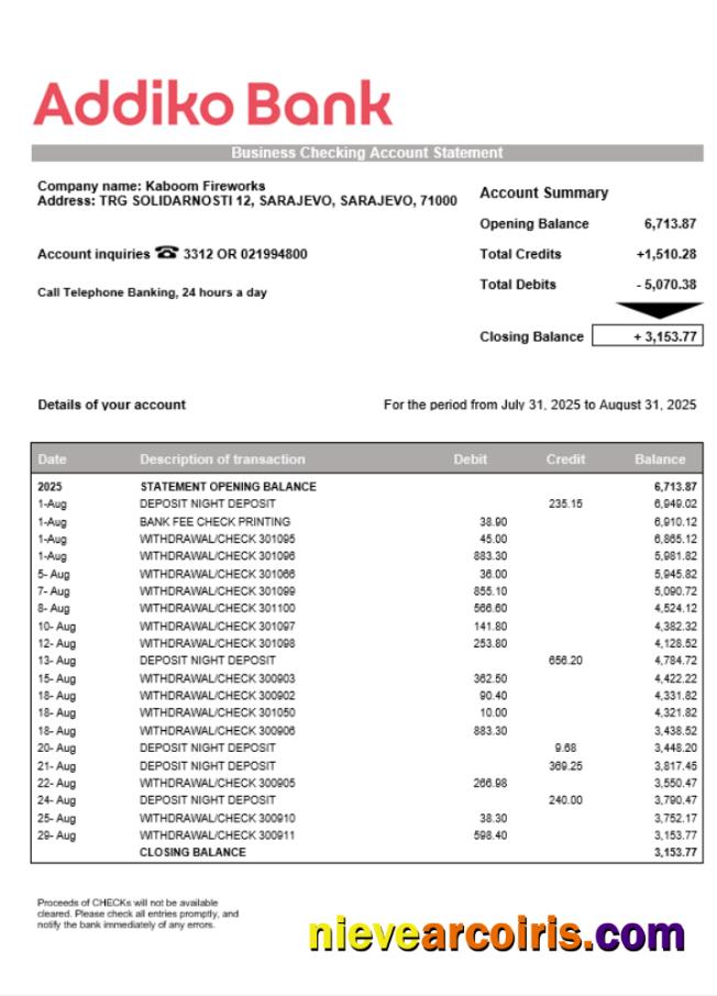 Bosnian Addiko enterprise account statement